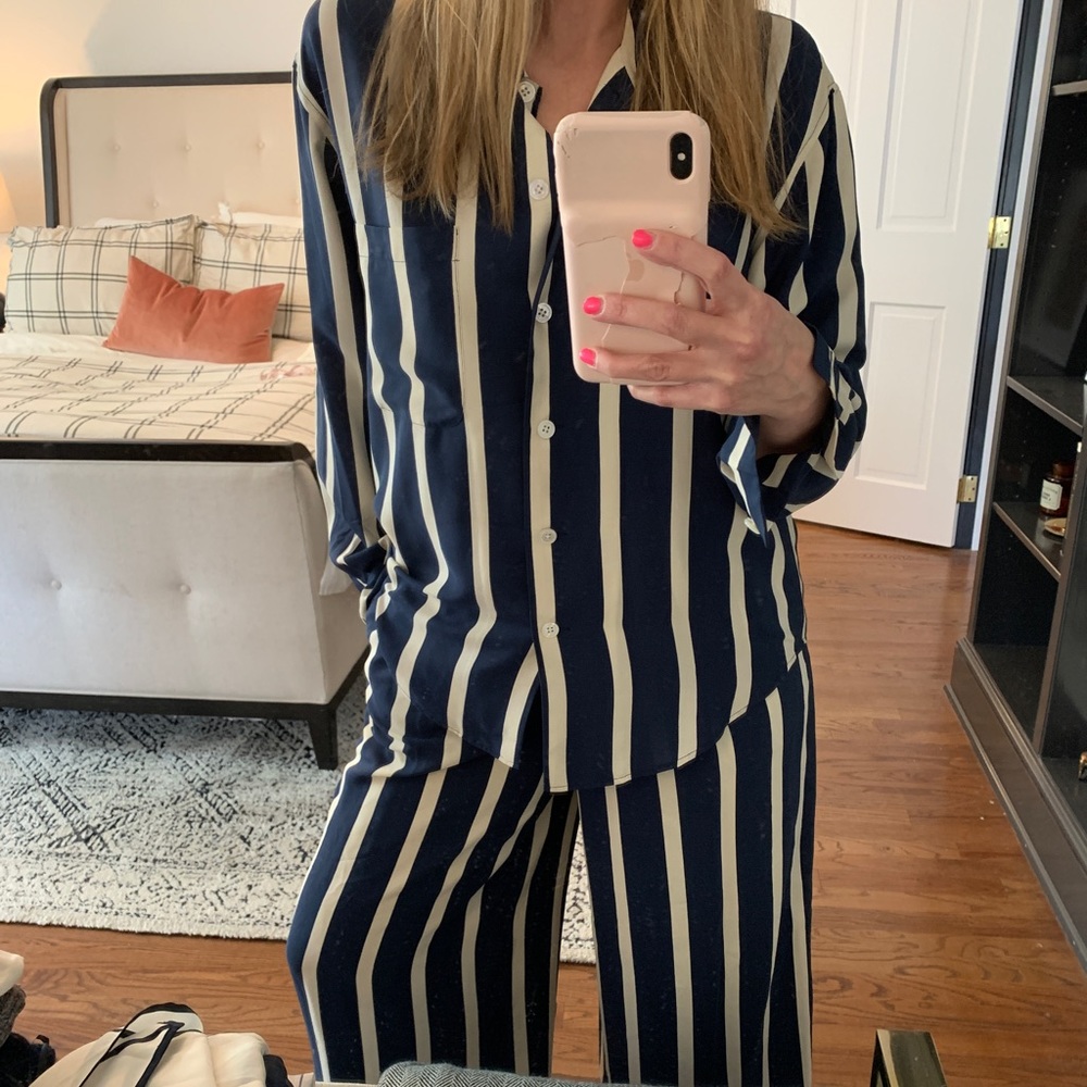 Ralph Lauren Purple Label Navy and White Vertical Stripe Wide Leg Pants - Picture 6 of 8